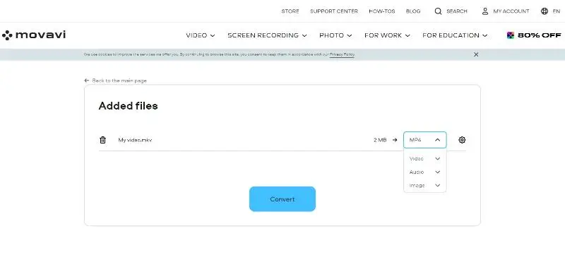 Select video output format in Movavi Converter