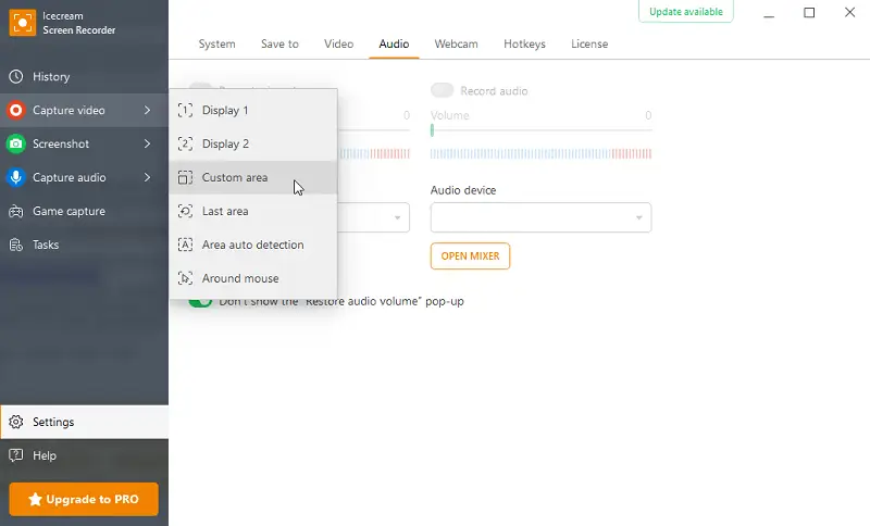 Video capturing options available in Icecream Screen Recorder
